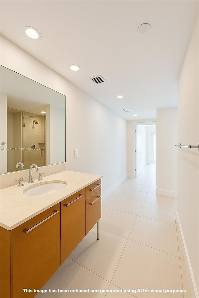 17001 Collins Ave Unit 1802, Sunny Isles Beach, FL 33160 - bathroom featuring vanity, tile patterned floors, baseboards, a shower with door, and recessed lighting