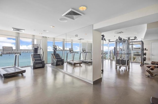 gym featuring a water view, a wall of windows, and a wealth of natural light