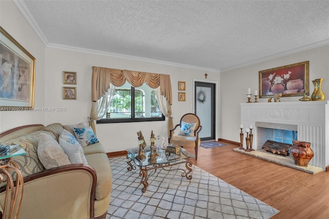 living room featuring crown molding, wood-type flooring, and a textured ceiling