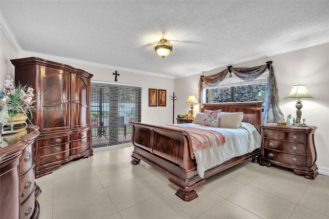 bedroom featuring crown molding, access to exterior, and a textured ceiling