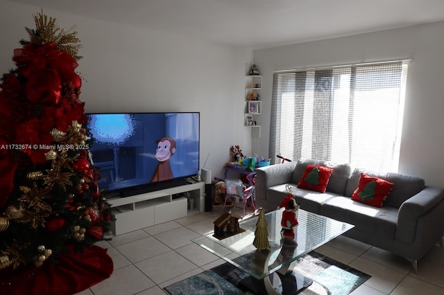 living room with light tile patterned flooring