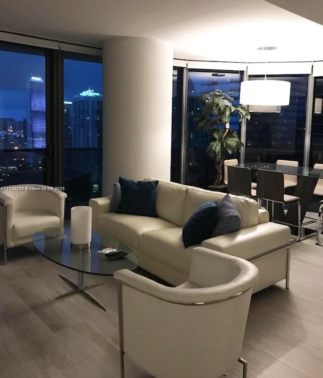 living room with expansive windows and hardwood / wood-style flooring