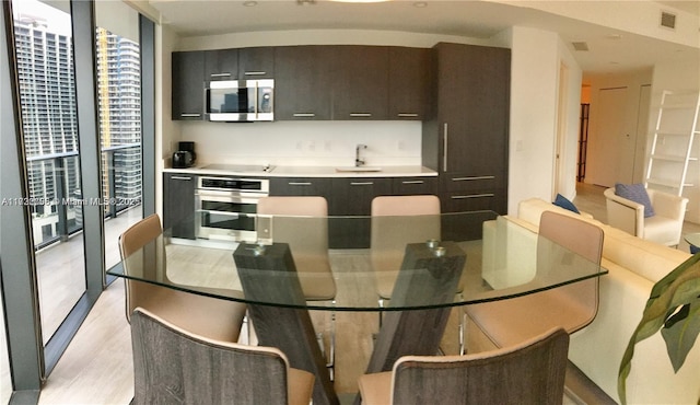 kitchen featuring dark brown cabinetry, stainless steel appliances, floor to ceiling windows, and sink