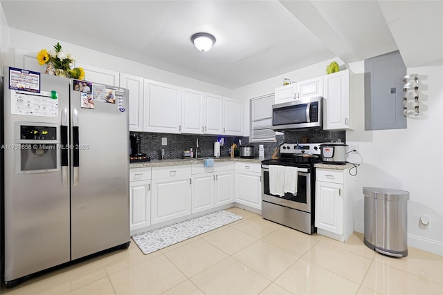 kitchen featuring backsplash, electric panel, white cabinets, and appliances with stainless steel finishes