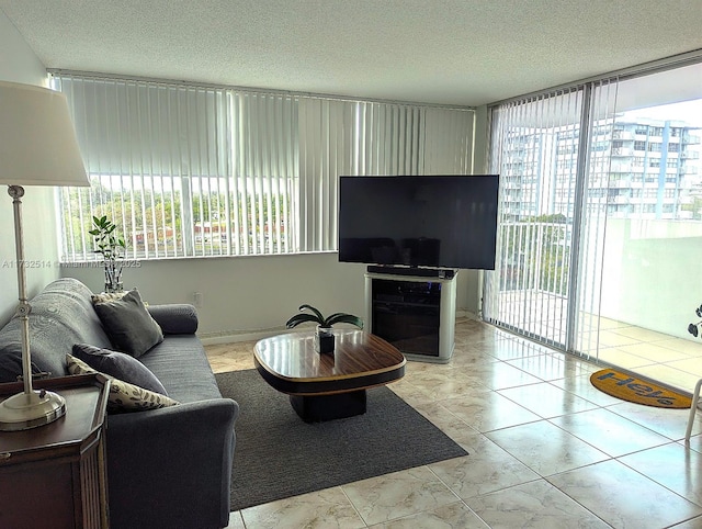 living room featuring a textured ceiling