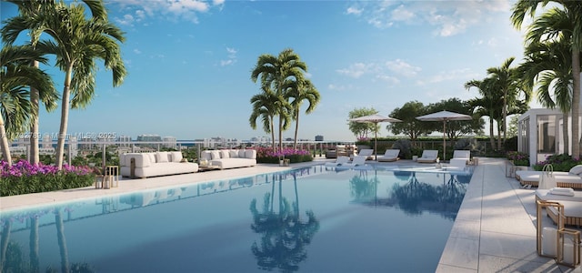 view of swimming pool featuring outdoor lounge area and a patio area