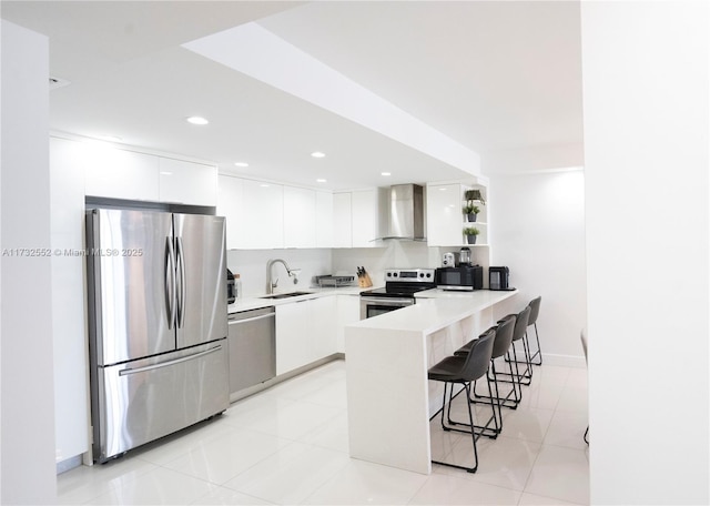 kitchen with sink, white cabinets, kitchen peninsula, stainless steel appliances, and wall chimney range hood