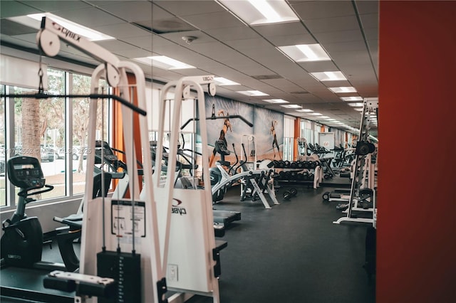 workout area with a paneled ceiling and a healthy amount of sunlight