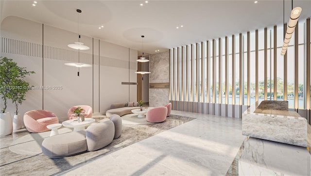 living room featuring a towering ceiling