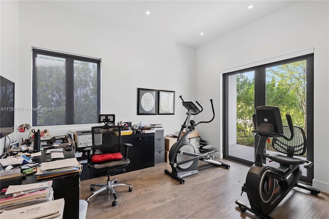 office area featuring french doors and light wood-type flooring