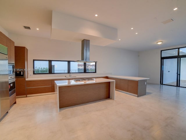 kitchen featuring a center island, sink, exhaust hood, and appliances with stainless steel finishes