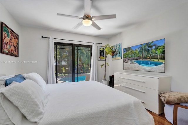 bedroom featuring wood-type flooring, access to outside, and ceiling fan