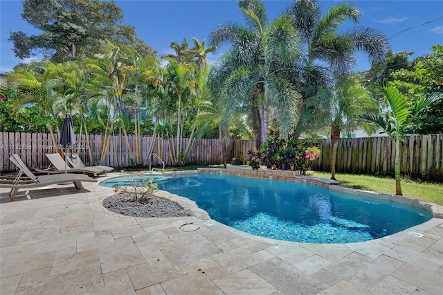 view of swimming pool featuring a patio area