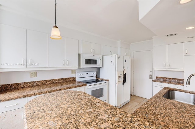 kitchen with sink, white cabinets, hanging light fixtures, crown molding, and white appliances