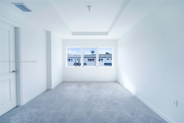 unfurnished room featuring a raised ceiling and carpet