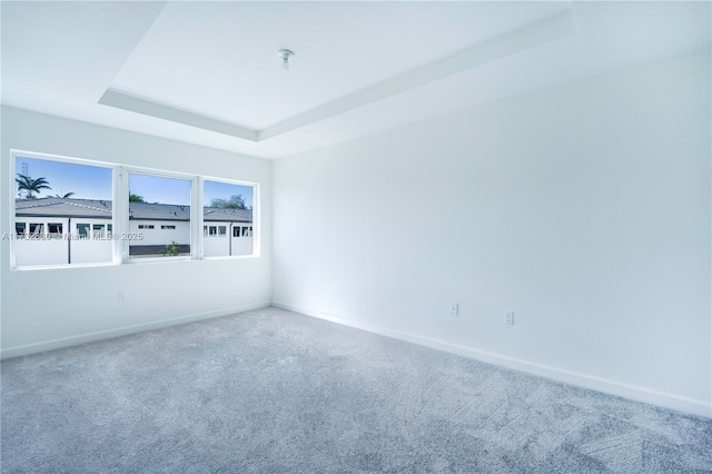 carpeted empty room with a raised ceiling