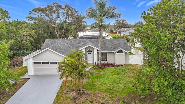 ranch-style house featuring a garage and a front lawn