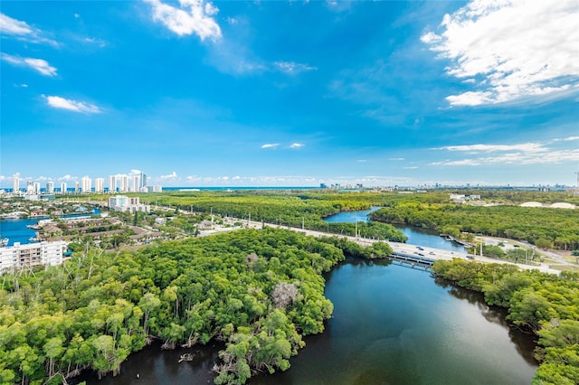 birds eye view of property with a water view and a city view