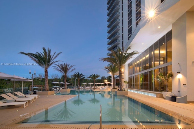 pool at dusk featuring a patio