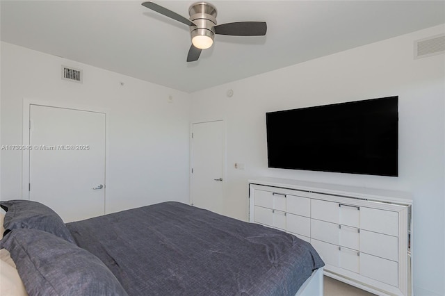 bedroom featuring visible vents and ceiling fan