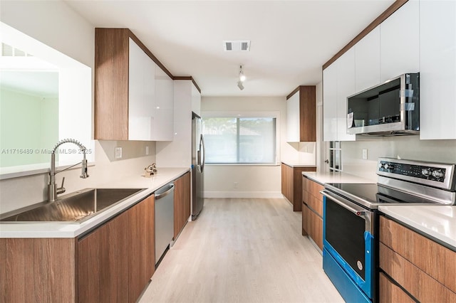 kitchen with sink, stainless steel appliances, white cabinets, and light wood-type flooring