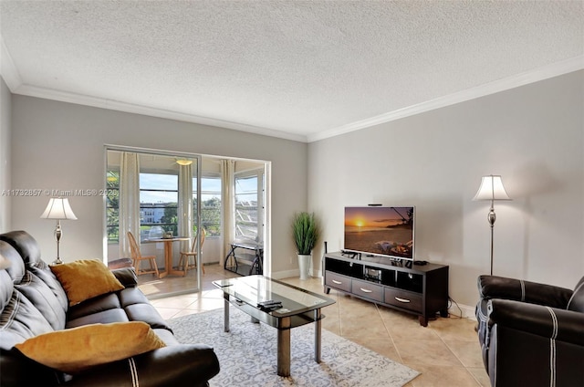 tiled living room featuring crown molding and a textured ceiling