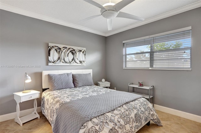 tiled bedroom featuring crown molding and ceiling fan