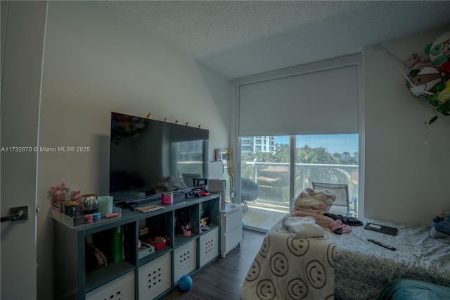 bedroom featuring dark hardwood / wood-style flooring and a textured ceiling