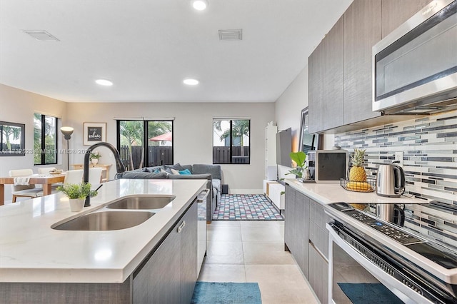 kitchen featuring sink, a center island with sink, plenty of natural light, appliances with stainless steel finishes, and backsplash