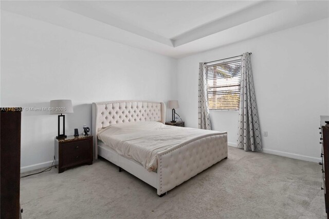 carpeted bedroom with a raised ceiling