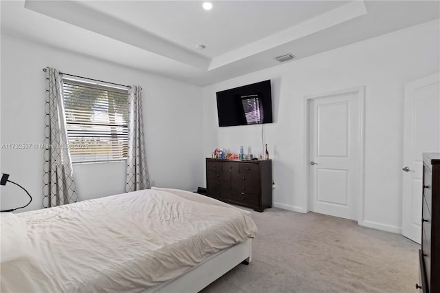 bedroom featuring a raised ceiling and light carpet