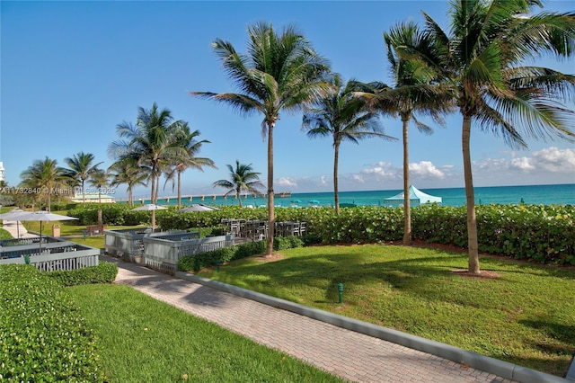 view of property's community featuring a water view and a yard