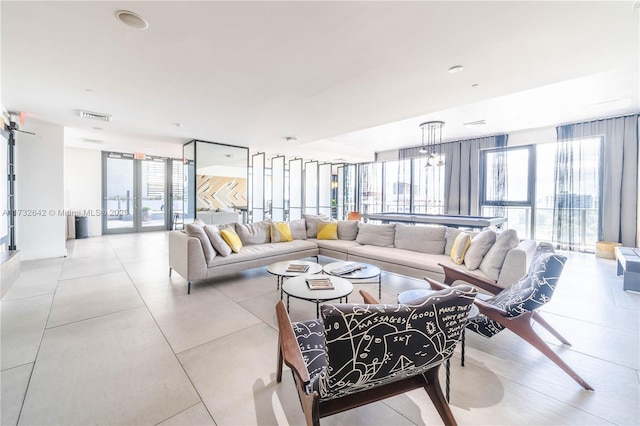 living room with a wall of windows