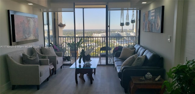 living room featuring wood-type flooring and expansive windows