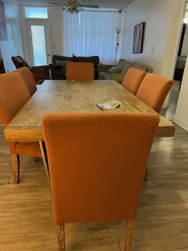 dining room featuring ceiling fan and hardwood / wood-style floors