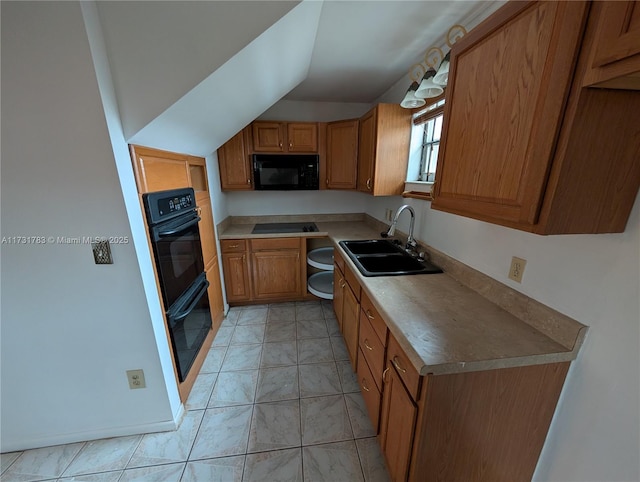 kitchen with lofted ceiling, sink, and black appliances