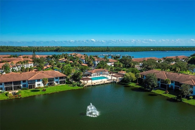 drone / aerial view featuring a water view