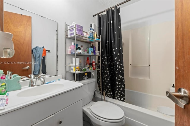 full bathroom with shower / tub combo, vanity, and toilet