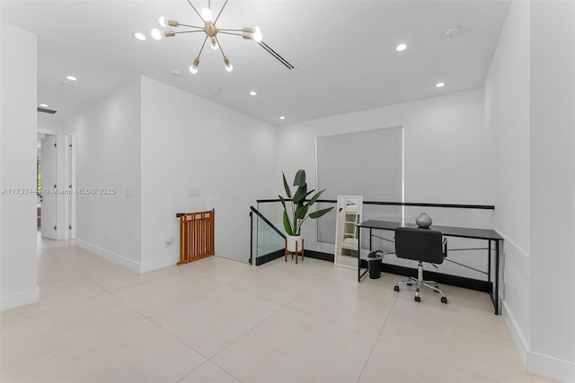 tiled home office featuring an inviting chandelier