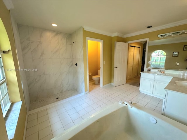 bathroom featuring toilet, a garden tub, walk in shower, crown molding, and a sink