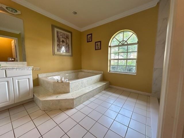 full bathroom with baseboards, ornamental molding, a garden tub, tile patterned flooring, and vanity