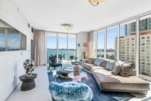 interior space with expansive windows and vanity