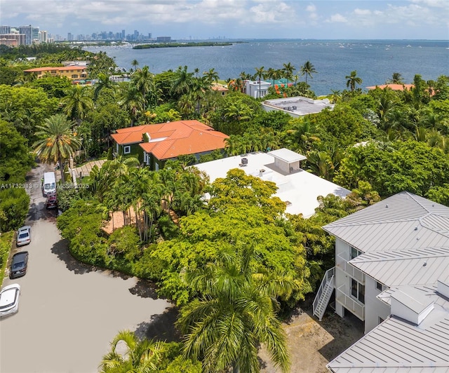aerial view featuring a water view and a view of city