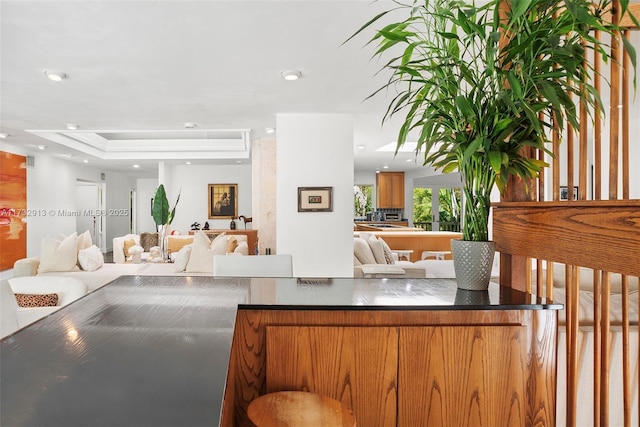 interior space with a tray ceiling and recessed lighting