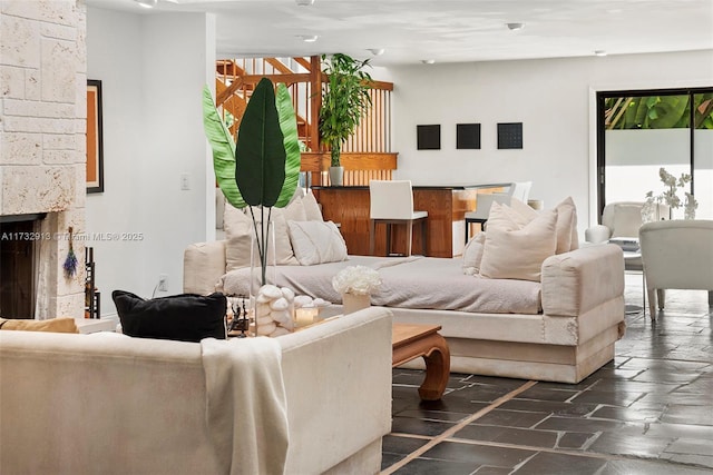 living room with a fireplace