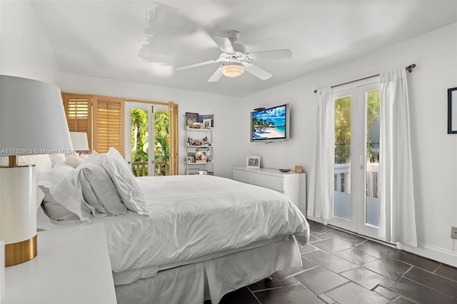 bedroom featuring access to exterior, ceiling fan, multiple windows, and baseboards