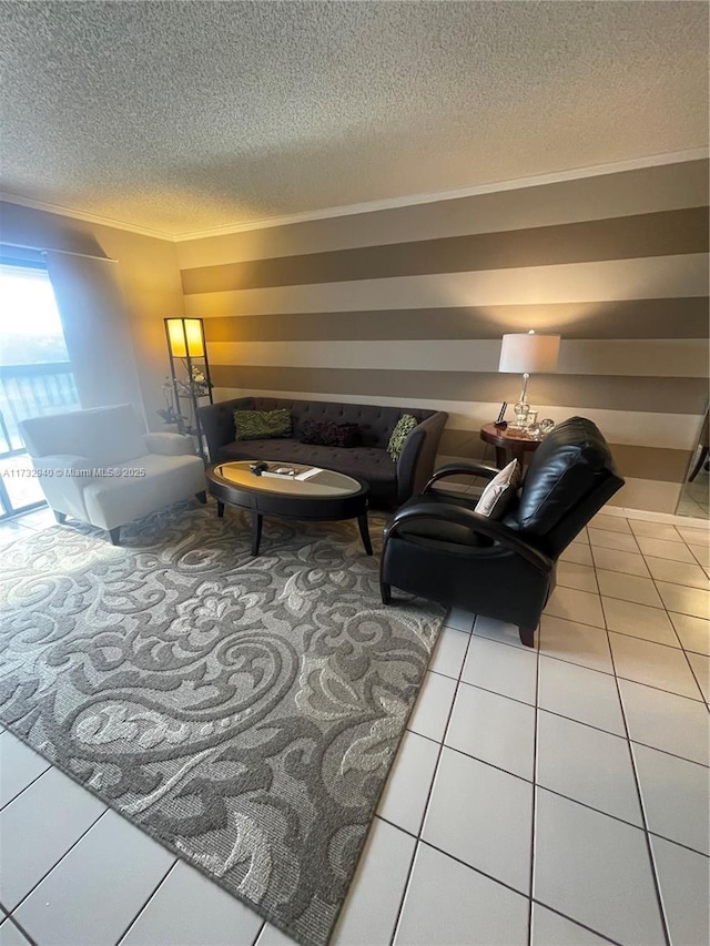 tiled living room with a textured ceiling