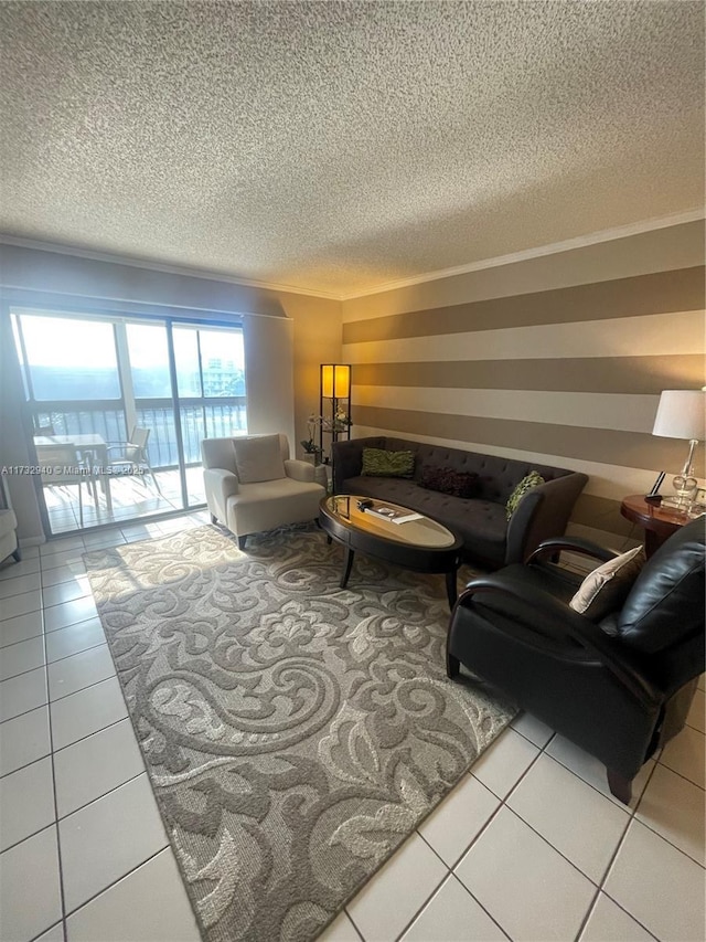 tiled living room with a textured ceiling