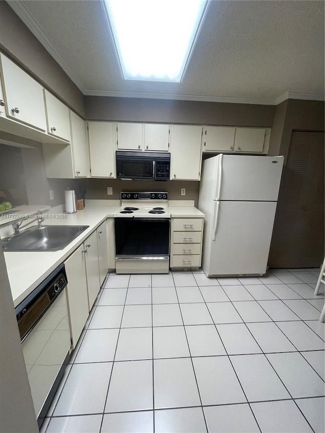 kitchen with white cabinetry, ornamental molding, sink, and white appliances