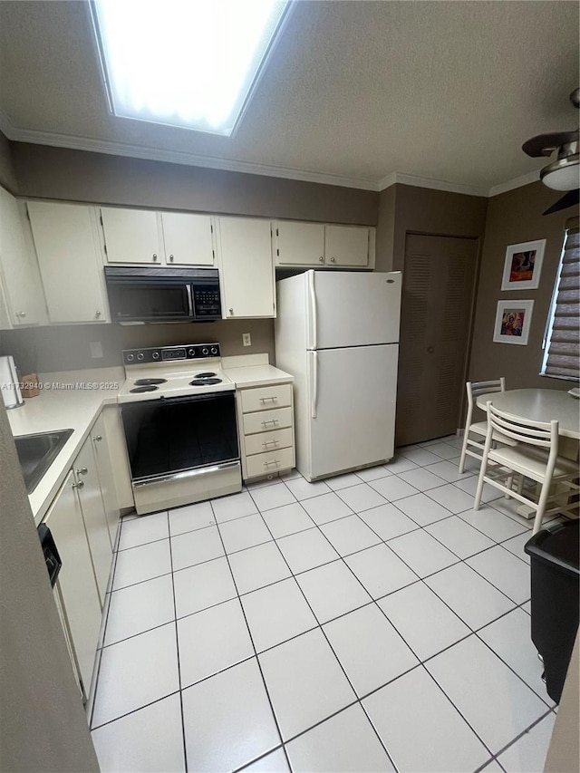 kitchen with white cabinetry, white appliances, ornamental molding, and a textured ceiling